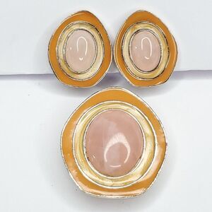 C.S. For Avon Bold Statement Orange Yellow Pink Quartz Brooch Pendant Earrings
